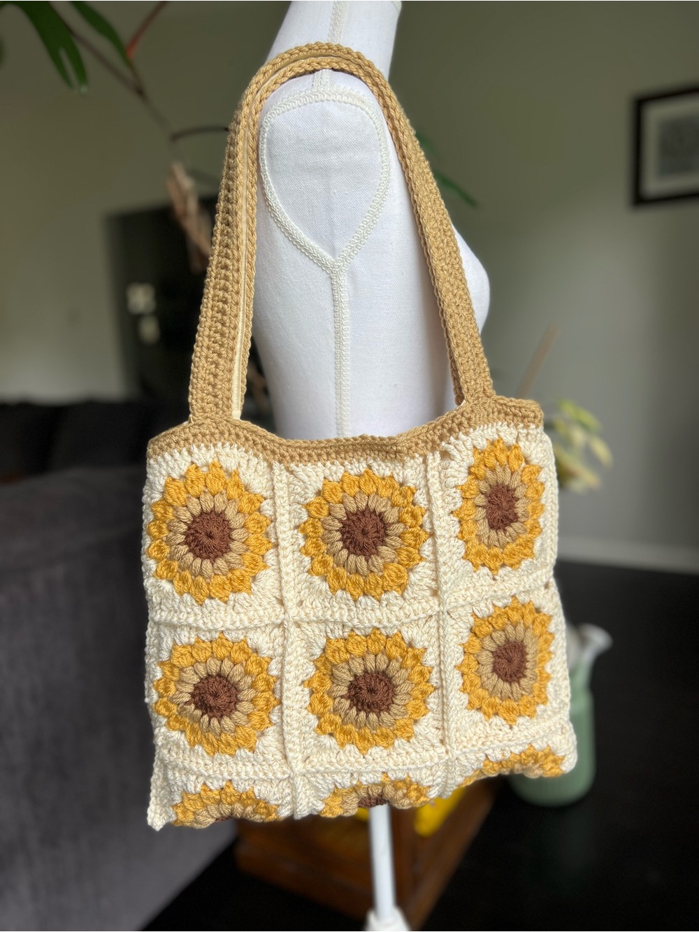 Handmade Crochet Sunflower Tote Bag in Cream and Gold